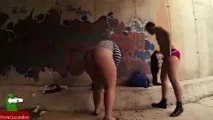 Odtwórz Poganiacz Fucworld udaje się do ogrodzenia z graffito. san047